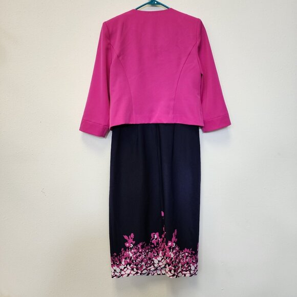 Maya Brooke Dress 2pc Jacket 10 Navy Pink Midi Mother Bride Groom Wedding Event - Picture 6 of 16